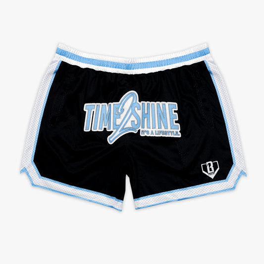 Adult model wearing shorts with "Time 2 Shine" design