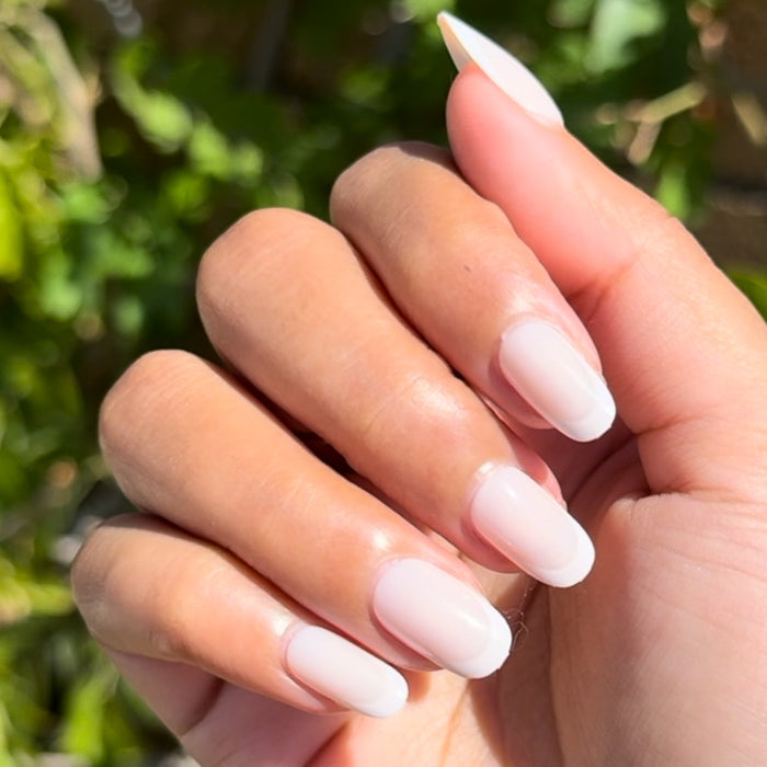 Classic French | Short | Round - Tab Press-On nails with soft white tips shown on hand outdoors with natural greenery background