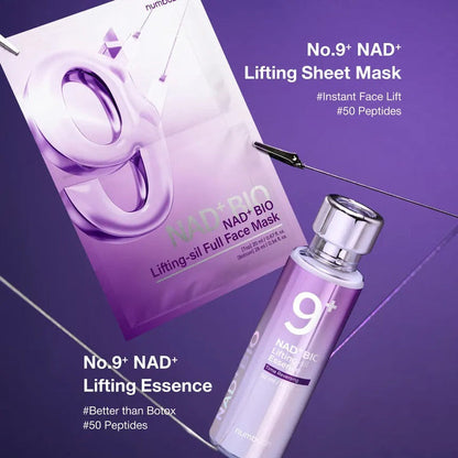 Title: Numbuzin No.9 NAD+ Lifting Bundle — 4-Pack Full Face Sheet Masks + 50ml NAD+ Peptide Essence — Anti‑Ageing, Firming & Jaw‑Lift