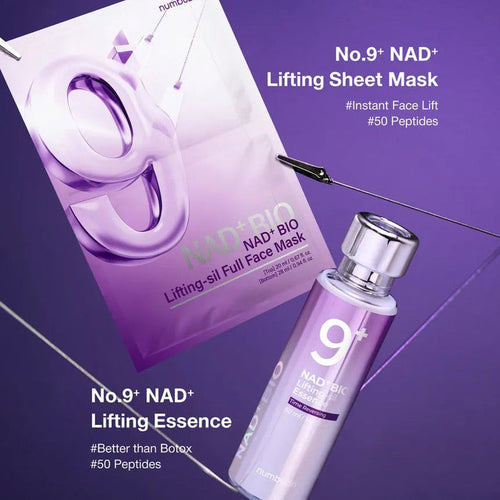 Title: Numbuzin No.9 NAD+ Lifting Bundle — 4-Pack Full Face Sheet Masks + 50ml NAD+ Peptide Essence — Anti‑Ageing, Firming & Jaw‑Lift