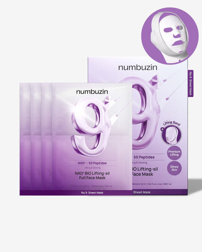 Title: Numbuzin No.9 NAD+ Lifting Bundle — 4-Pack Full Face Sheet Masks + 50ml NAD+ Peptide Essence — Anti‑Ageing, Firming & Jaw‑Lift