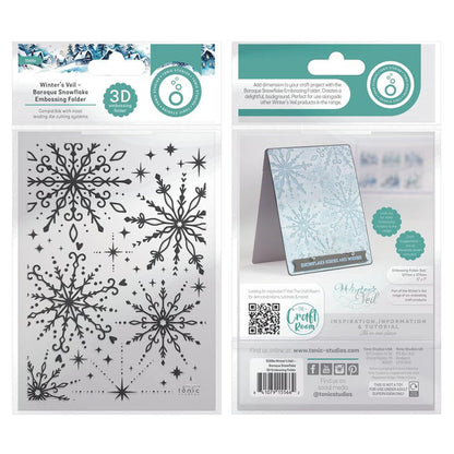 Tonic Studios - 3D Embossing Folder - Baroque Snowflake - Winter's Veil. Introducing the Winter's Veil collection, featuring outstanding products and imagery that beautifully capture the essence of a winter's night. Available at Embellish Away located in Bowmanville Ontario Canada.