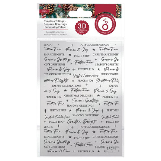 Tonic Studios - 3D Embossing Folder - Season's Greetings - Timeless Tidings. Tailored to suit the more traditional crafter, this collection is perfect for those who enjoy nostalgic imagery. Available at Embellish Away located in Bowmanville Ontario Canada.
