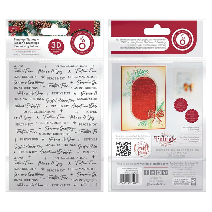 Tonic Studios - 3D Embossing Folder - Season's Greetings - Timeless Tidings. Tailored to suit the more traditional crafter, this collection is perfect for those who enjoy nostalgic imagery. Available at Embellish Away located in Bowmanville Ontario Canada.