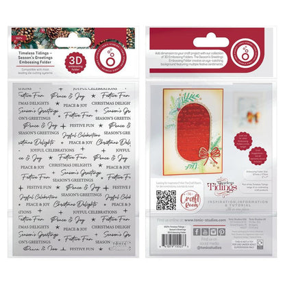 Tonic Studios - 3D Embossing Folder - Season's Greetings - Timeless Tidings. Tailored to suit the more traditional crafter, this collection is perfect for those who enjoy nostalgic imagery. Available at Embellish Away located in Bowmanville Ontario Canada.