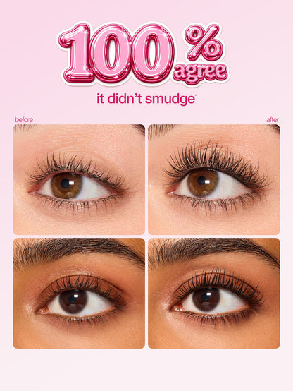 A set of images shows two pairs of eyes before and after applying mascara, highlighting enhanced eyelashes. Text: 100% agree it didn’t smudge* and *based on a consumer panel study of 32 subjects after 2 weeks.