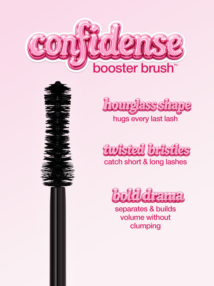 Pink Tarte Cosmetics mascara tube labeled Big Ego, displayed alongside wand. Text describes ingredients: vitamin B5 moisturizes lashes, glycerin hydrates and conditions, babassu nourishes lashes, sunflower seed wax moisturizes.