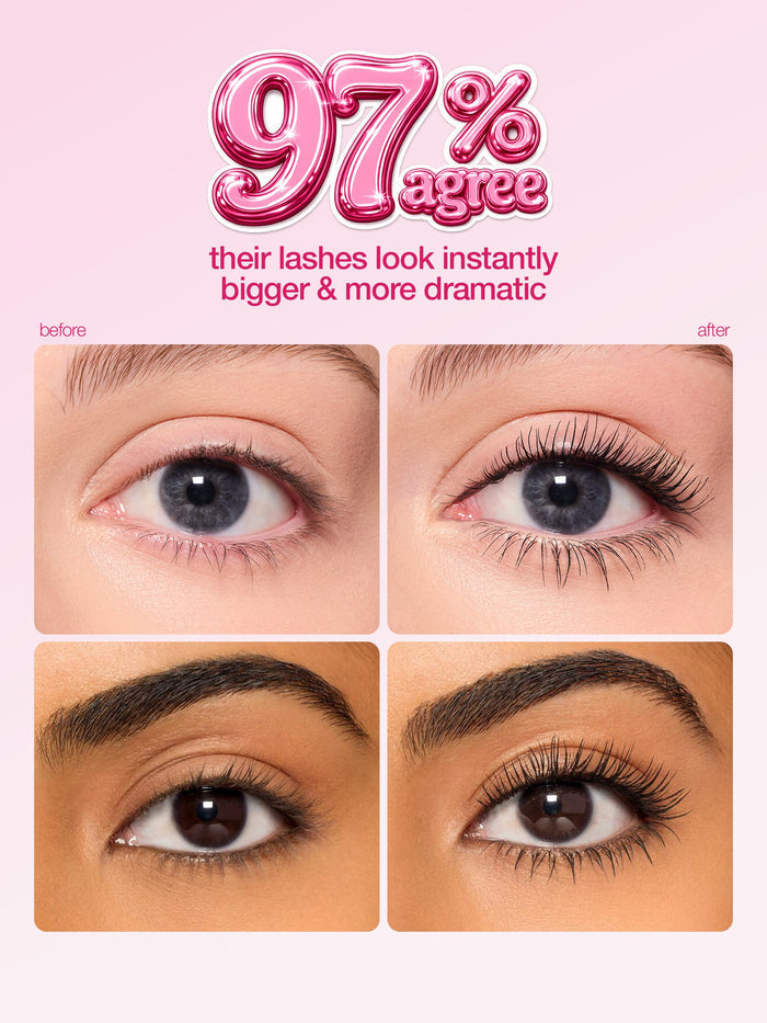 A full-size and travel-size pink tube of Tarte Big Ego mascara stand upright. The full-size tube is open with a brush extended. The words full-size and travel-size are labeled above.