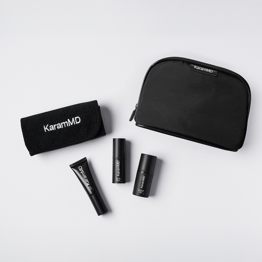 KaramMD travel-sized skincare products including a pouch on a white background