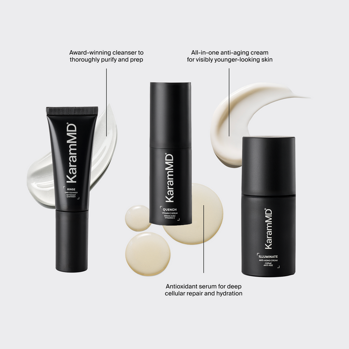 Travel-sized Rinse: Award-winning cleanser to thoroughly purify and prep. Travel-sized Quench: Antioxidant serum for deep cellular repair and hydration. Travel-sized Illuminate: All-in-one anti-aging cream for visibly younger-looking skin.