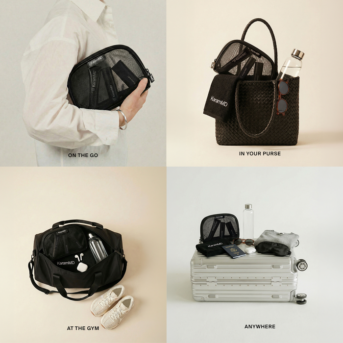 Collage of a black travel organizer with various uses on a neutral background