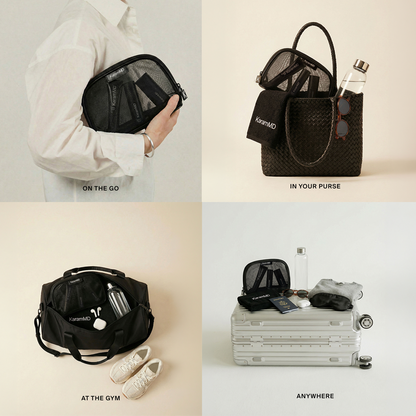 Collage of a black travel organizer with various uses on a neutral background
