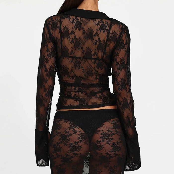 V Hot Girl Style Hollow Lace Cardigan Long Sleeve Top Women's Clothing