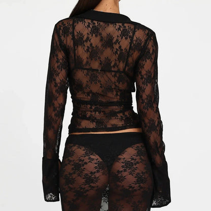 V Hot Girl Style Hollow Lace Cardigan Long Sleeve Top Women's Clothing