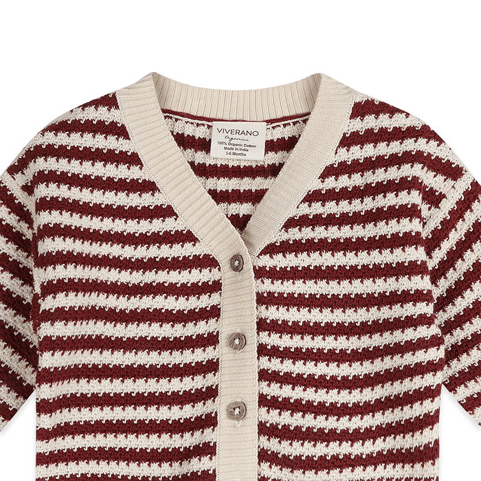 Organic Cotton V-Neck Stripe Knit Baby Cardigan, Detail