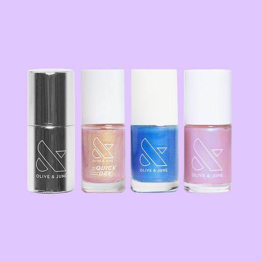 Watercolor Mermaid nail polish set with iridescent pink, blue, and soft shimmer shades by Olive and June