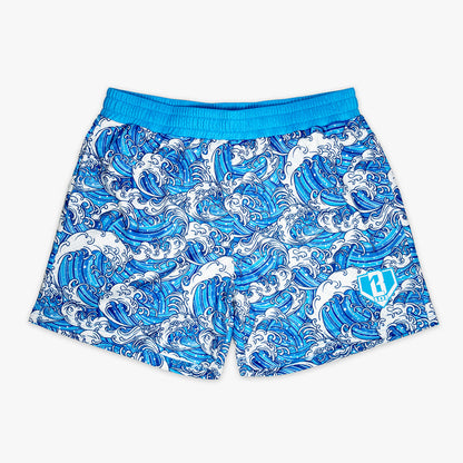 Blue youth shorts with “Wave” design — front view