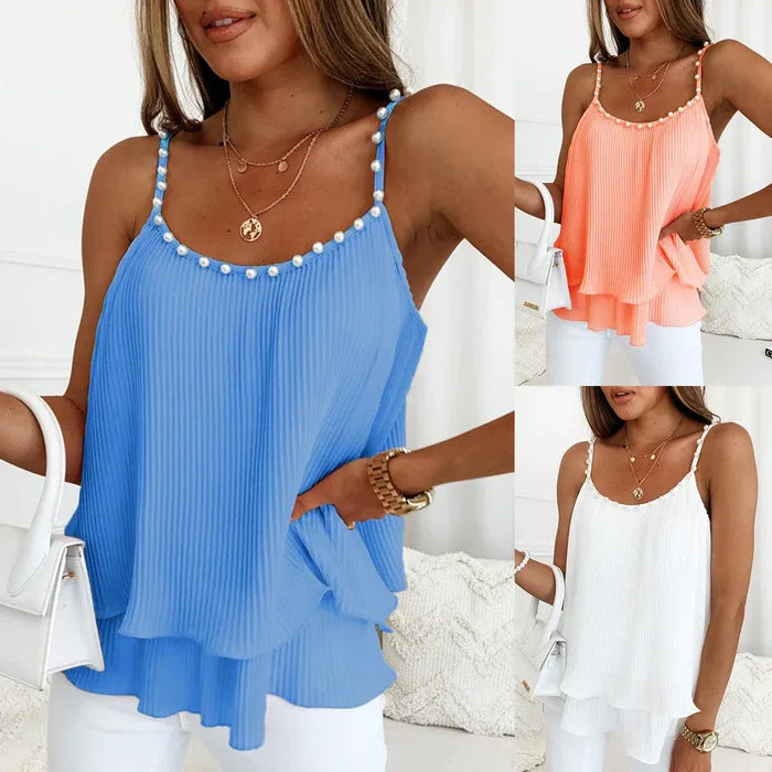 Women's Chic Pearl Pleated Chiffon Tank Top