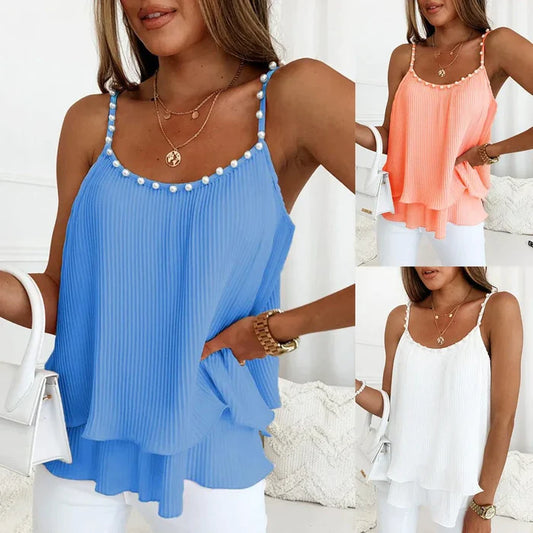 Women's Chic Pearl Pleated Chiffon Tank Top