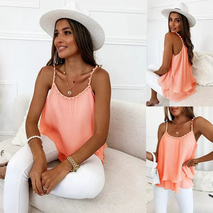 Women's Chic Pearl Pleated Chiffon Tank Top
