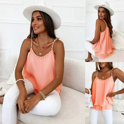 Women's Chic Pearl Pleated Chiffon Tank Top