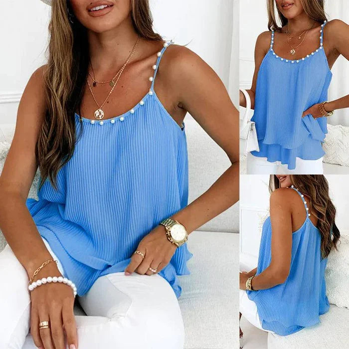 Women's Chic Pearl Pleated Chiffon Tank Top