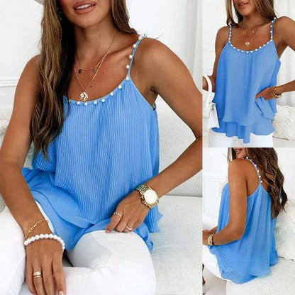 Women's Chic Pearl Pleated Chiffon Tank Top