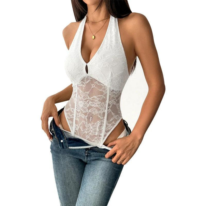 Women's Plunging Lace Halter Bodysuit