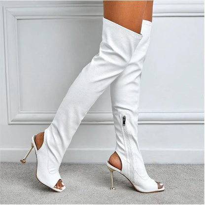Womens Square Toe Cutout Over Knee Side Zip Cool Boots