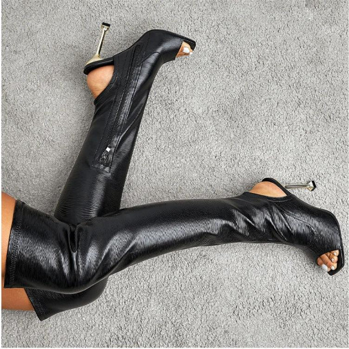 Womens Square Toe Cutout Over Knee Side Zip Cool Boots