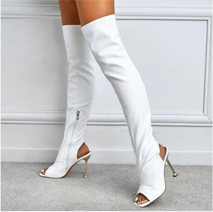 Womens Square Toe Cutout Over Knee Side Zip Cool Boots