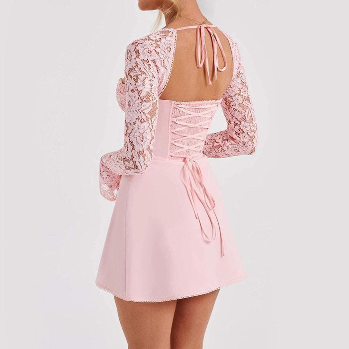 Y2K  Lace Long Sleeve Dress Fashion Sexy Corset Backless Lace Up Short Dresses Womens Clothing
