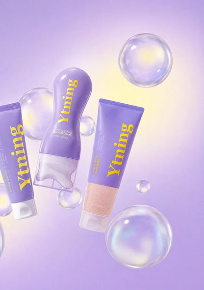 Purple skincare products with 'Ytming' branding on a light purple background with bubbles.