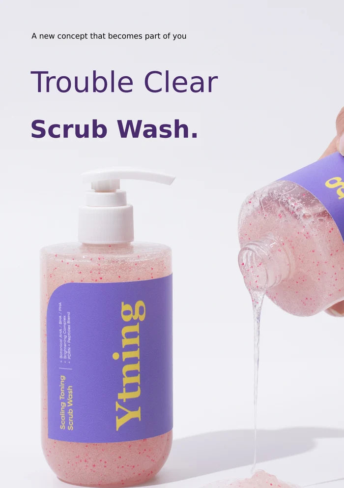 Ytming scrub wash bottle with pump and text on a light purple background