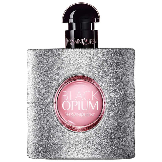 Yves Saint Laurent Black Opium Eau de Parfum 50ml bottle with glitter accents, displayed in an elegant beauty product setting