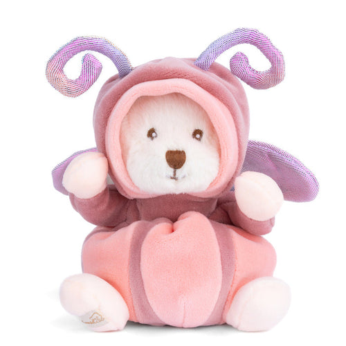 Plush teddy bear with pink hood, white face, and small embroidered eyes