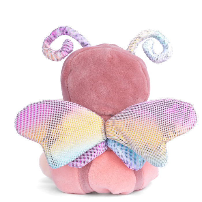 Plush teddy bear with butterfly-style wings in pink, blue, yellow, and purple